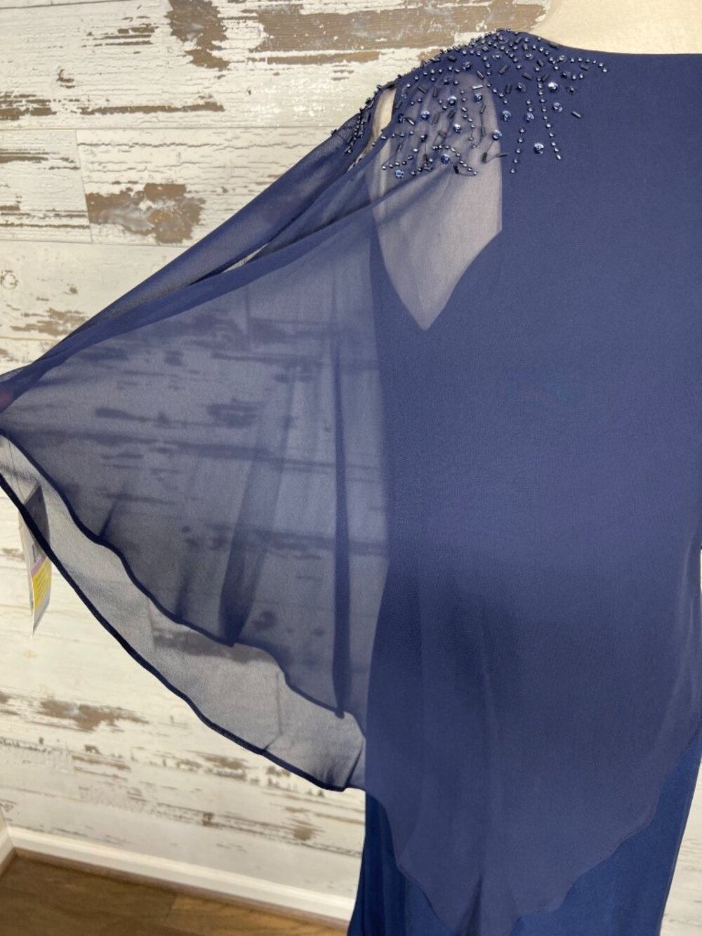 SL FASHIONS Chiffon Overlay Cape Sleeve Dress Navy Sz 6 NWT - Picture 4 of 8